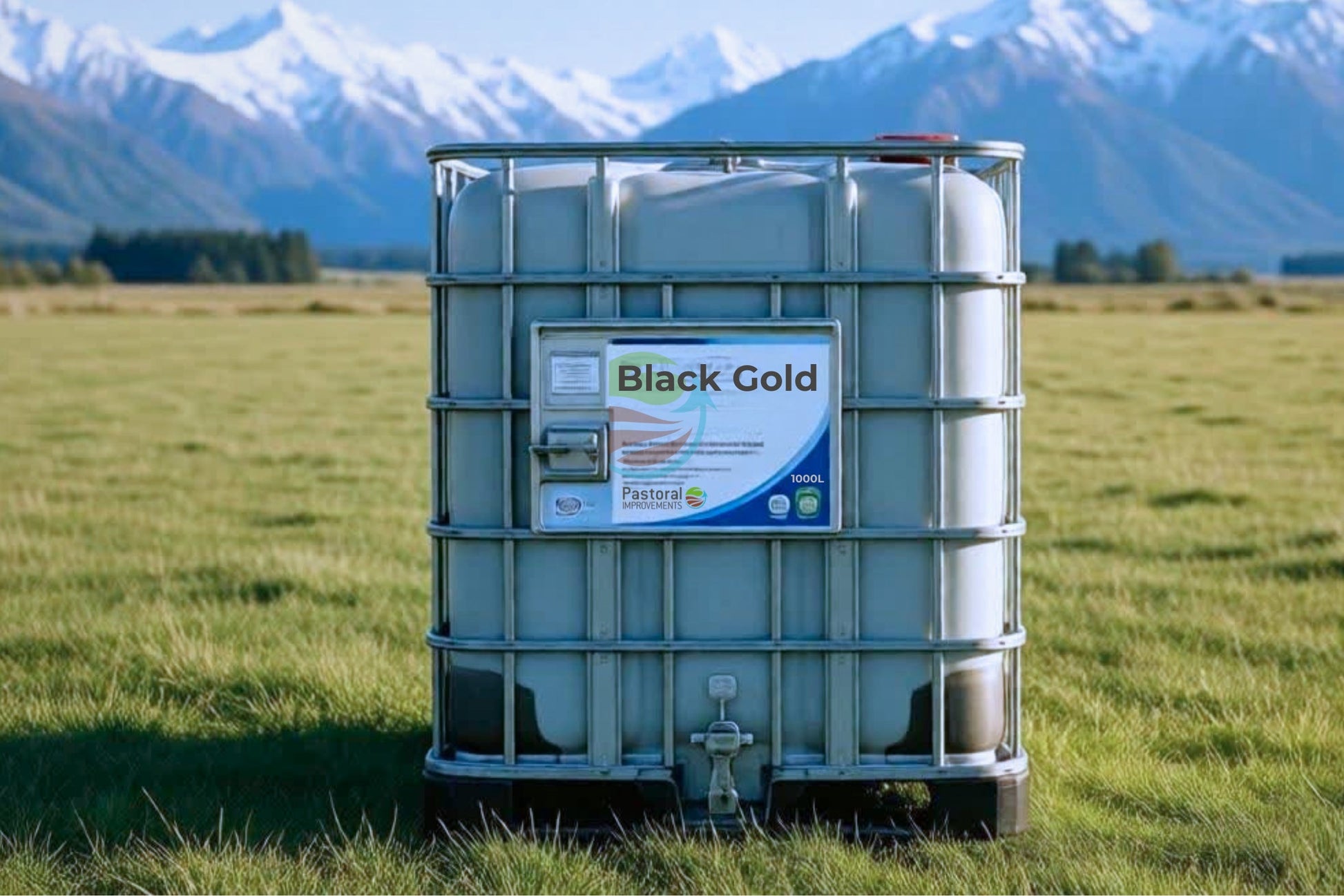 Large metal container with 'Black Gold' label in a grassy field with mountains in the background